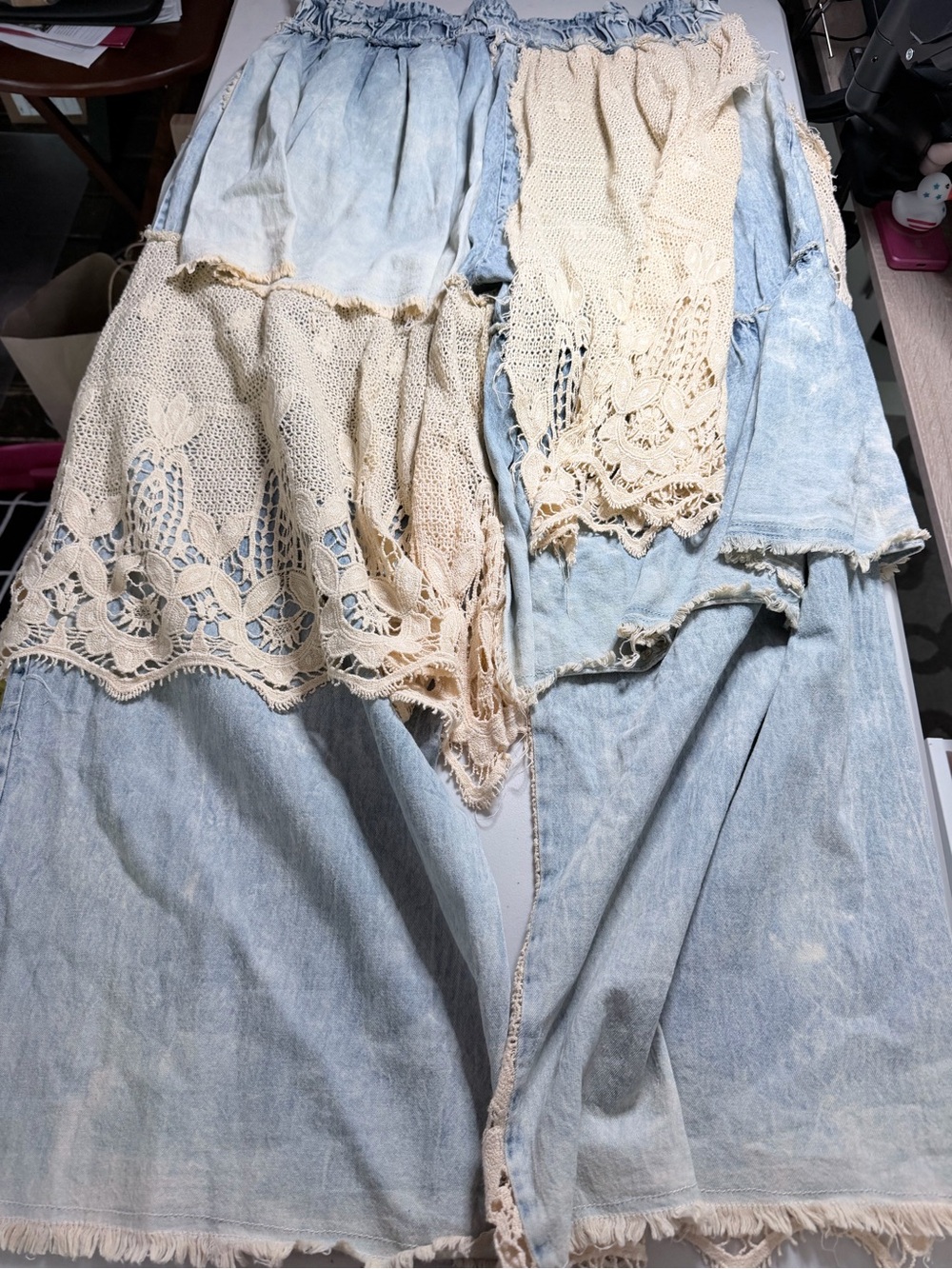 A Rare Bird Light Blue Wide-Leg Denim Pants with Cream Crochet Panels- rare - Picture 5 of 5